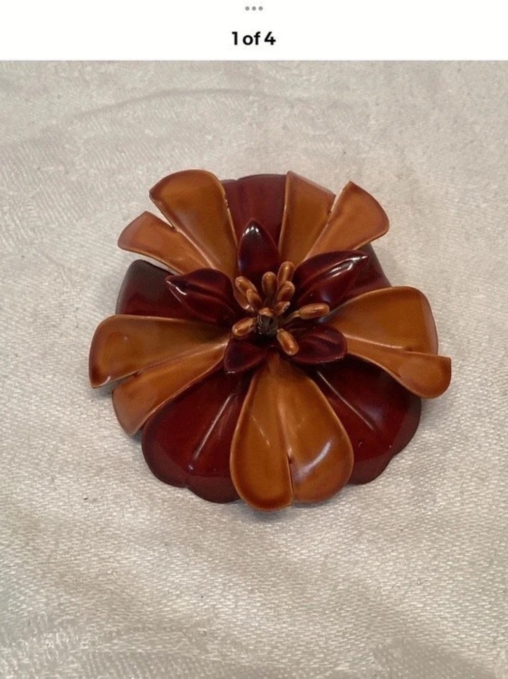 Two Tone Brown Enamel Flower Pin Brooch Mid Century Excellent Condition 2 1/2”